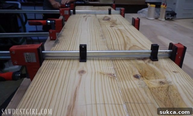 Bessey clamps hold wood firmly together while glue sets.
