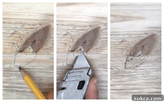 Artist sketching a faux knot onto bare wood, extending its character across a seam to create the illusion of a single slab.