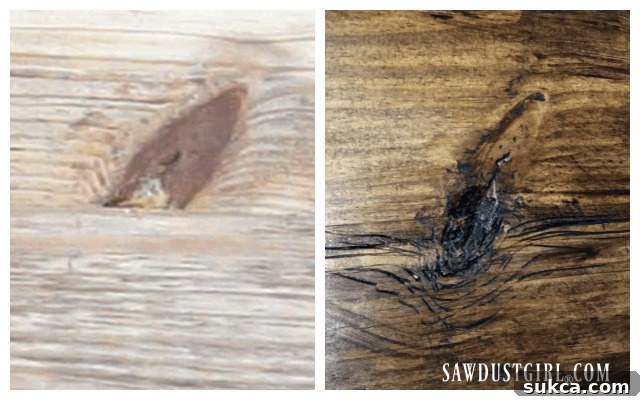 Close-up of a wood seam after distressing, effectively creating the illusion of a continuous wood knot and enhancing the piece's character.