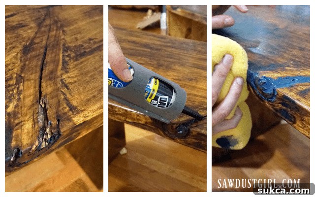 Filling larger voids in a DIY table with black caulk after Briwax application, enhancing the distressed look.