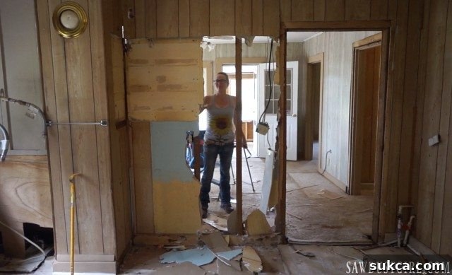 Calderwood Cottage Demo Days! Demolition of interior paneling and drywall underway.