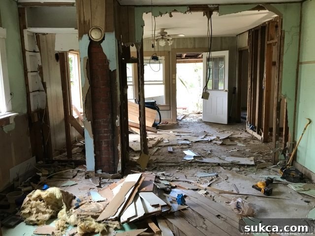 Calderwood Cottage Demo Days! A wider shot showing the progress of interior demolition, walls removed.