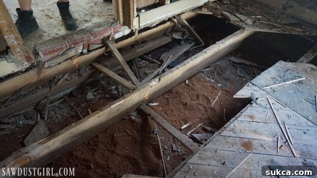 Severely damaged floor joists at Calderwood Cottage due to extensive termite infestation, requiring replacement