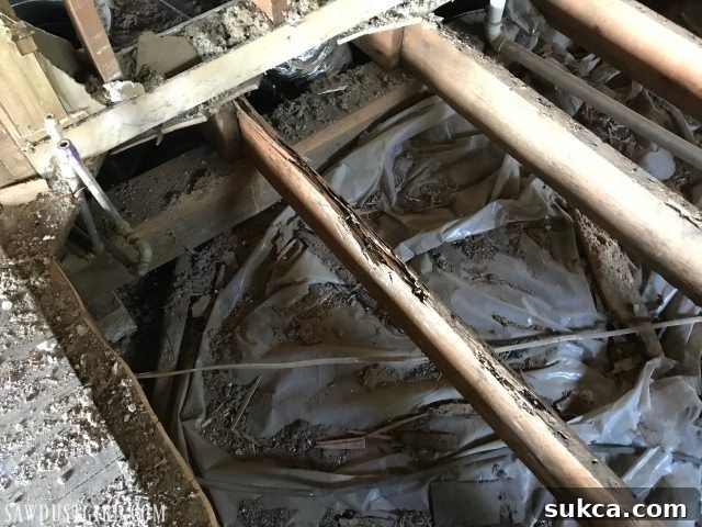 Severe termite damage observed on floor joists after subfloor removal in Calderwood Cottage kitchen