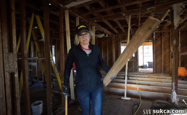 Removing termite-damaged wall studs for thorough remediation Tearing out termite ridden studs in Calderwood Cottage walls