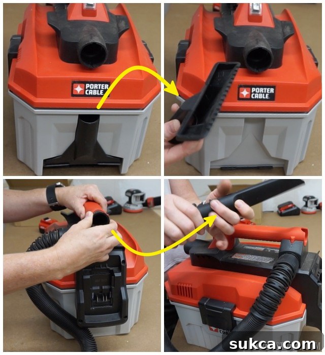 Porter-Cable 20V MAX Wet-Dry Vac on board tool storage.