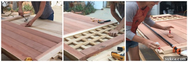 Initial assembly of the gate frame with mortise and tenon joints.
