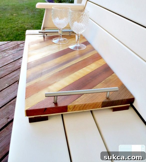 Artistic Wooden Serving Tray with Epoxy Finish Elegant wooden serving tray with assorted wood scraps and epoxy