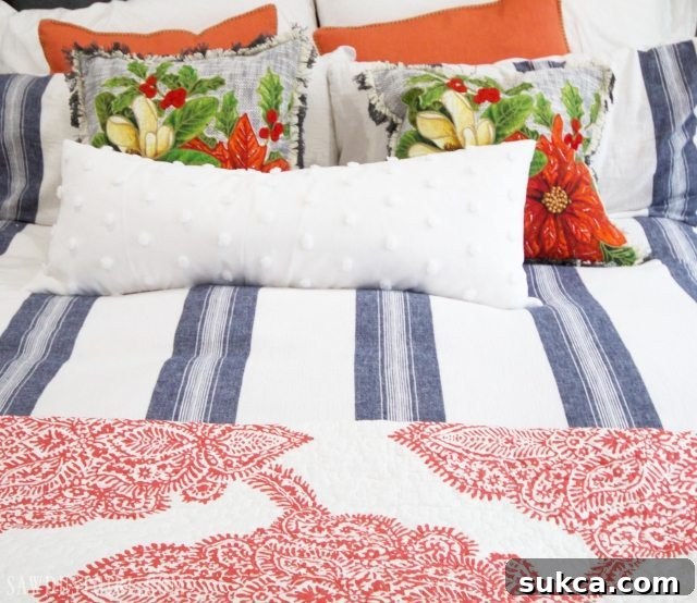 Close-up of guest room pillows, slightly crooked but part of the authentic charm.