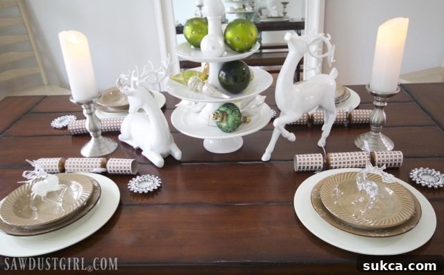 Dining room chandelier hanging over a festive table, enhancing the holiday atmosphere.