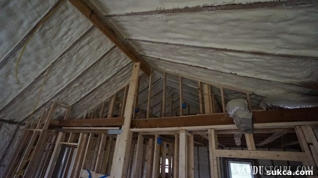 Spray foam insulation in Calderwood Cottage Detailed view of spray foam insulation being applied in Calderwood Cottage