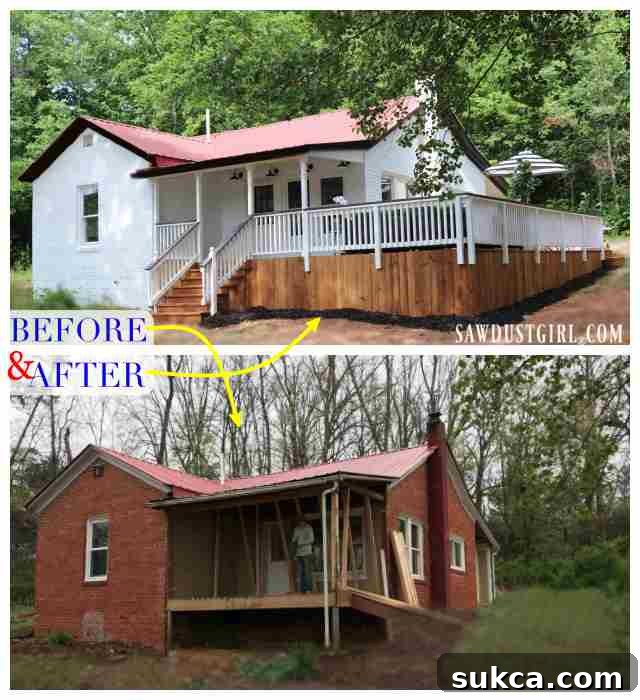 Before and after comparison of Calderwood Cottage, highlighting the dramatic transformation with the new deck.
