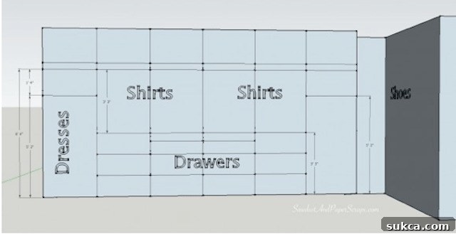 Her Side Closet Elevation Design Detailed elevation drawing for 'Her' side of the master closet, showcasing custom cabinetry, drawers, and varied storage solutions.