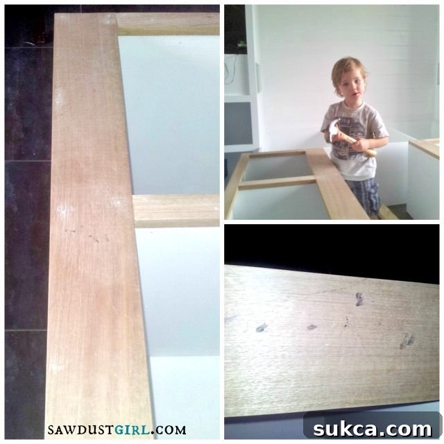 The results of a child's enthusiastic 'help' requiring extra sanding on built-in bedroom storage face frames - SawdustGirl.com