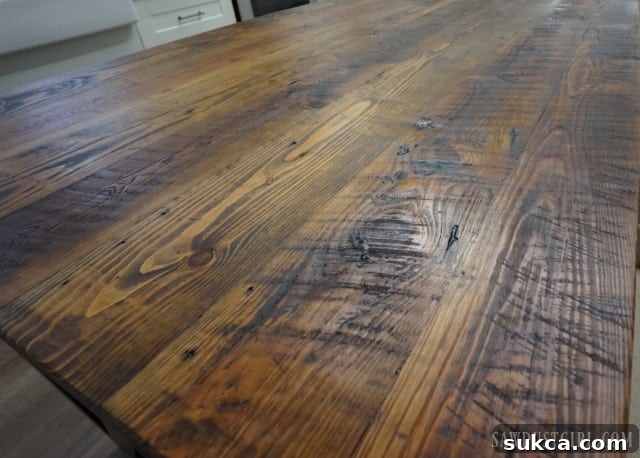 Close-up of kitchen island countertop crafted from beautifully textured reclaimed lumber