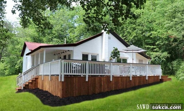 Calderwood Cottage, a renovated white brick house with a large wooden deck