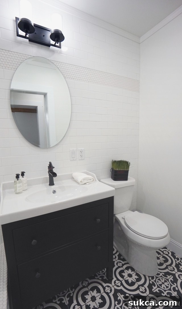 Detailed view of the black and white Cementina bathroom floor tile