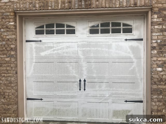Garage door before cleaning, showing dirt and mildew accumulation