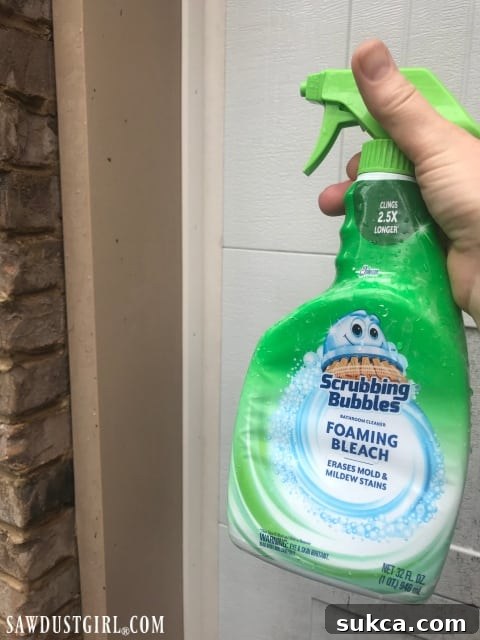 Applying foaming bathroom cleaner with bleach to white rubber weather stripping to remove mildew