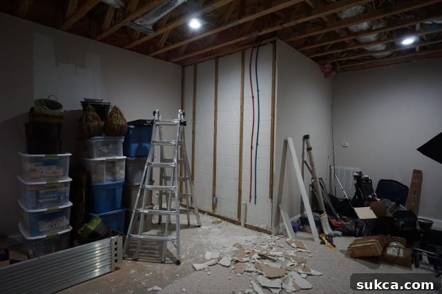 Newly framed wall in basement for future wet bar plumbing, addressing previous structural limitations