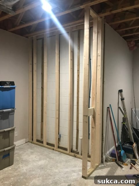 Framed wet bar nook in a basement, showing rough-in plumbing and electrical, ready for finishing