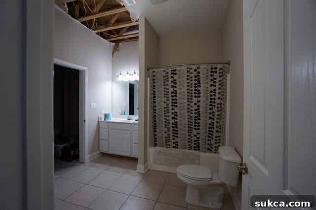 Unfinished basement bathroom, showing exposed studs and utilities, awaiting renovation