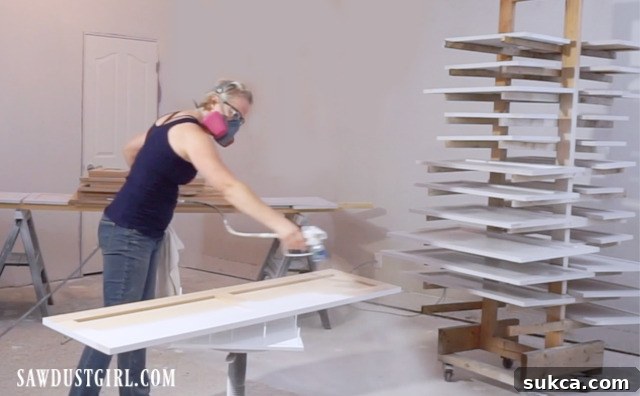 Detailed shot of painting cabinet doors with a sprayer