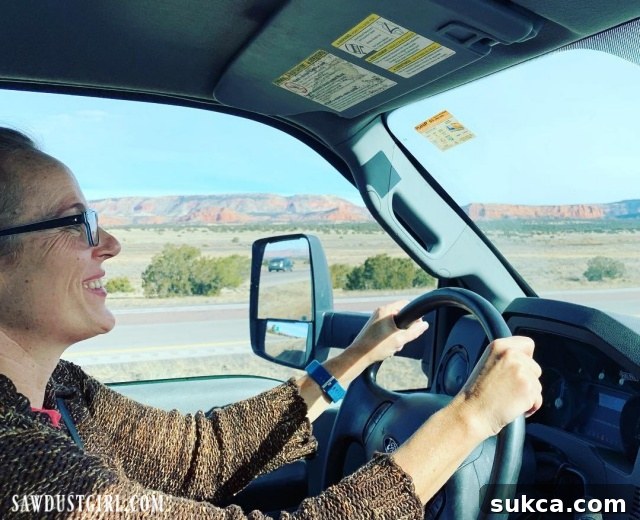 Julie, the primary driver, focused on the road from inside the moving truck, showing determination.