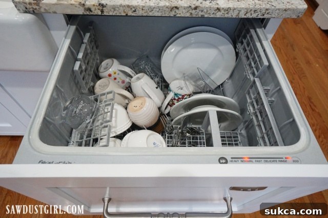 Deep Dishwasher Drawer The deep top drawer of a double dishwasher unit, demonstrating its capacity for tall plates.