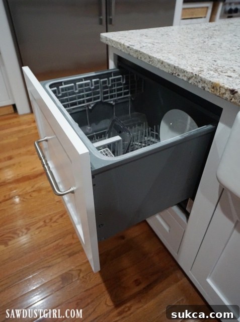 Dishwasher Drawer Blends with Cabinetry Close-up of a built-in dishwasher drawer, perfectly disguised as a cabinet drawer with custom panel and appliance pull.