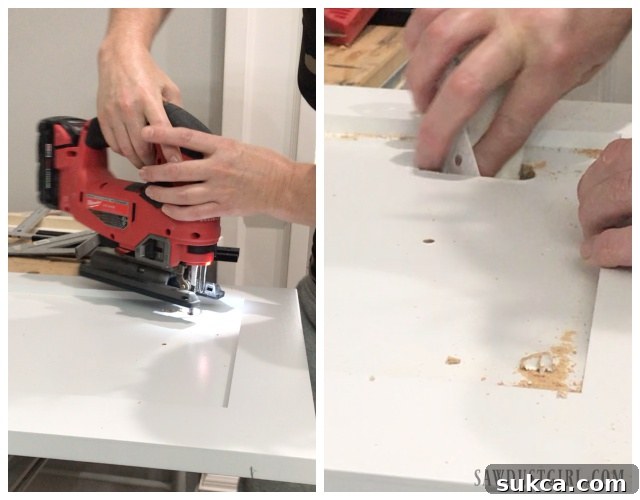 Cutting Control Panel Access DIY process of cutting an access hole in a custom panel for an external dishwasher control panel.