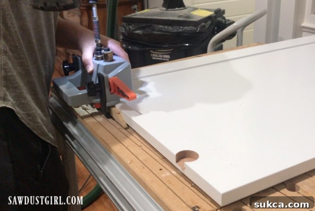 A modified hinge cup drilling jig used to precisely position and drill holes for sliding cabinet door wheels, demonstrating a clever DIY adaptation.