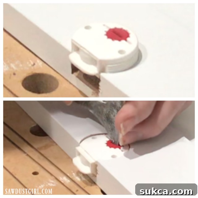 Close-up detail of the adjustment mechanism on sliding cabinet door glides, showing how to fine-tune door height and alignment.