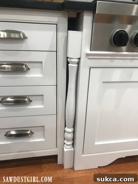 Decorative spacer for cabinet installation, showing an original salvaged leg chosen for kitchen upgrade