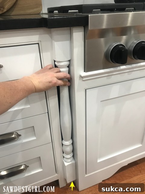 Cut spindle in half, add height and backing to create custom cabinet leg, showing detailed modification process