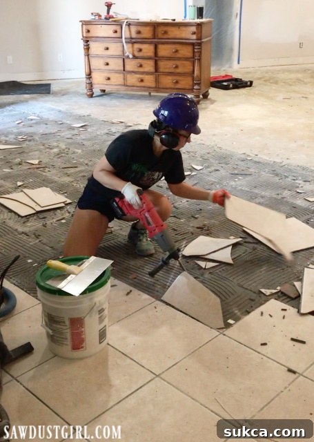 Chipping tile off concrete