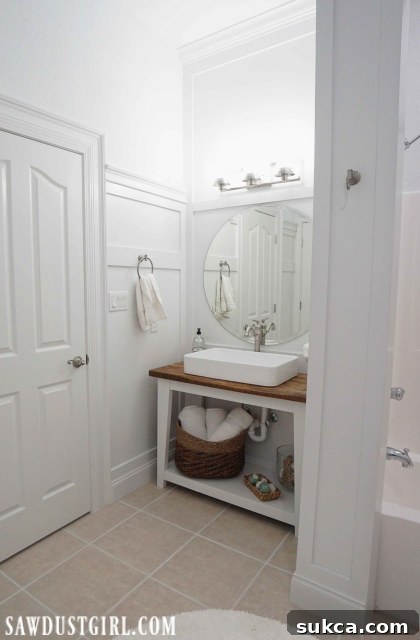 Basement Bathroom Vanity with Round Mirror Reveal
