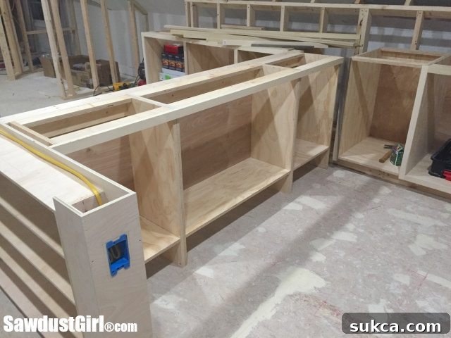 View of craft island cabinets with countertop securely mounted