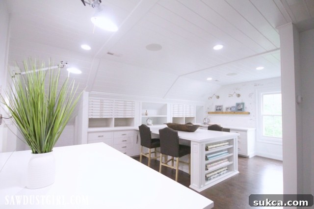 The ultimate craft room showing the integrated storage and island setup