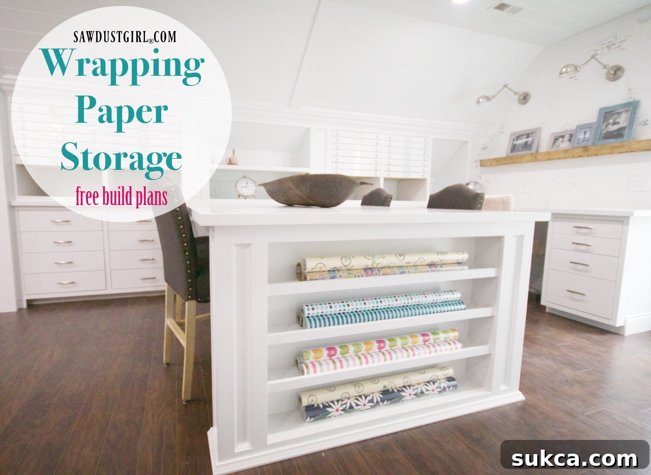 Detailed free build plans for a DIY wrapping paper storage cabinet with cut list and diagrams