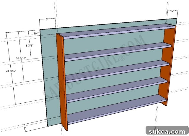 Illustrative image showing grid lines for shelf placement on cabinet back panel