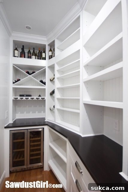Organized walk-in pantry featuring shelves for food storage and a built-in wine bar area.