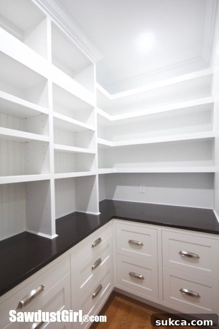 Spacious walk-in pantry with comprehensive shelving for all food and kitchen storage needs.