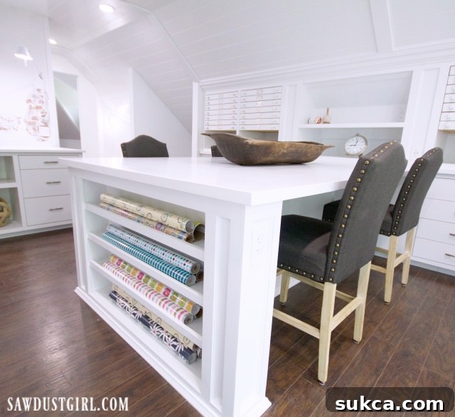 A well-organized wrapping station in a craft room, complete with a cabinet for wrapping paper rolls and a dedicated work surface.
