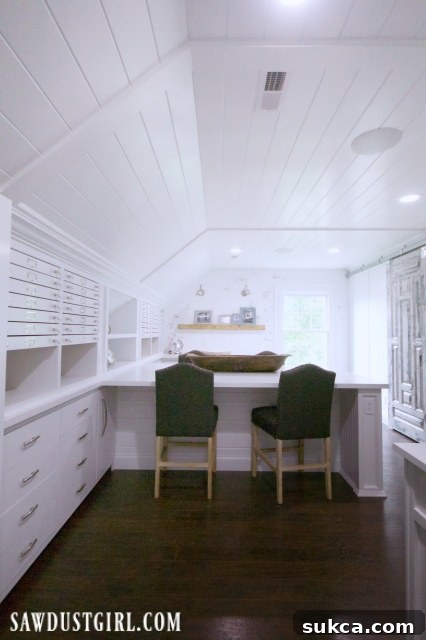 The ultimate craft room, beautifully designed with extensive storage, a large central island, and abundant natural light, creating an inspiring creative workspace.