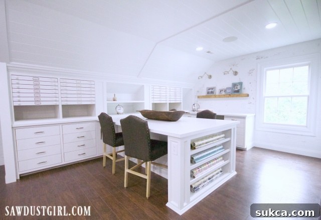 an incredible craft room featuring extensive storage, a large island, and ample workspace, designed for creative projects.