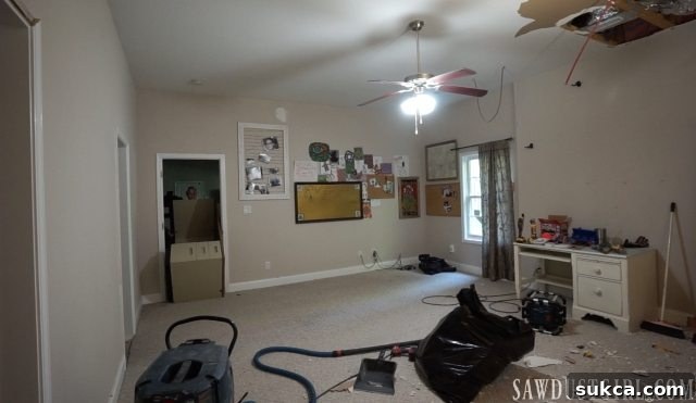 Before shot of the dated basement bedroom showing old carpet