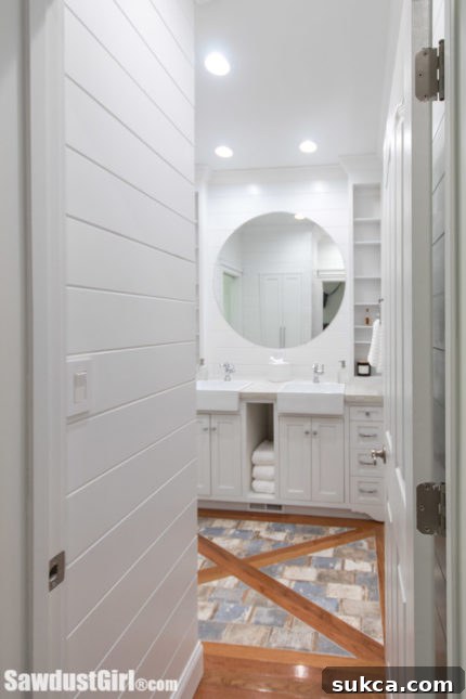 Spacious and storage-friendly Jack and Jill bathroom.