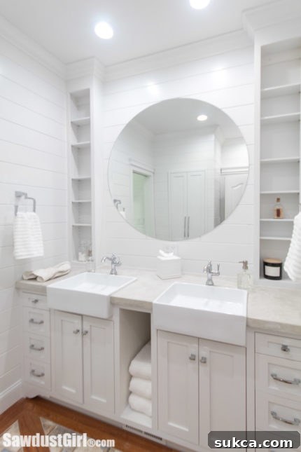 Minimalist mirror installation in the Jack and Jill bathroom.