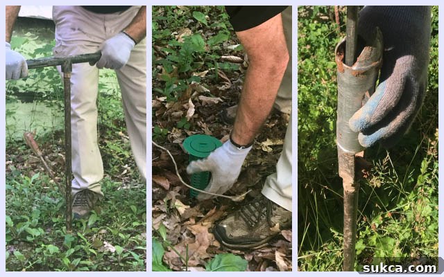 Technician installing Sentricon termite bait stations using a hand auger